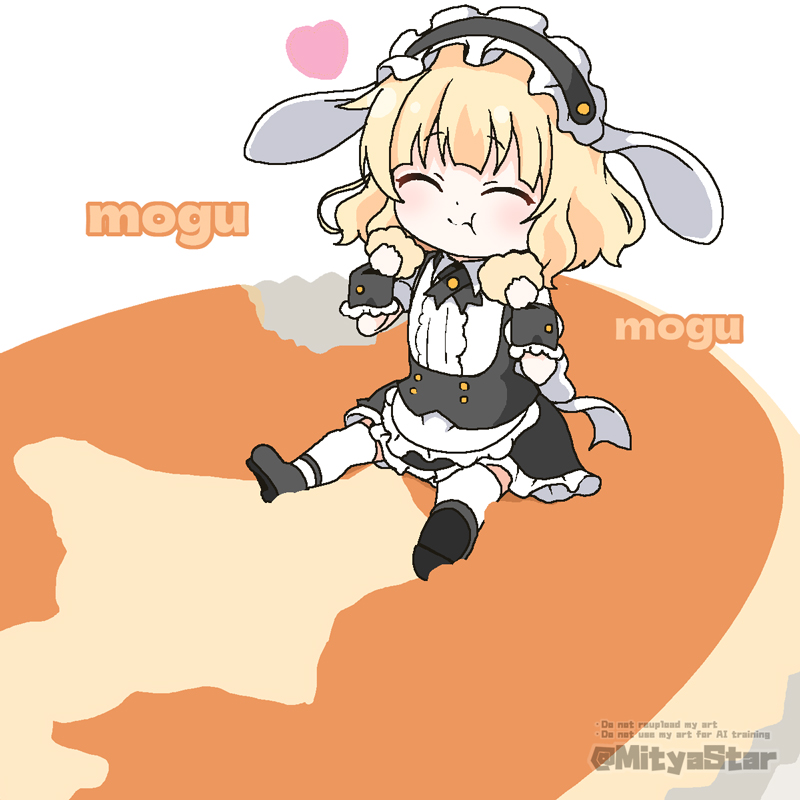 1girl :t apron black_dress black_hairband black_shoes black_skirt blonde_hair closed_eyes closed_mouth commentary_request dress eating employee_uniform english_text facing_viewer fleur_de_lapin_uniform food frilled_hairband frilled_skirt frills gochuumon_wa_usagi_desu_ka? hairband hands_up heart holding holding_food kirima_syaro maid maid_headdress medium_hair mitya puffy_short_sleeves puffy_sleeves revision romaji_text shirt shoe_soles shoes short_sleeves sitting skirt solo thighhighs twitter_username waist_apron waitress watermark white_apron white_background white_shirt white_thighhighs wrist_cuffs