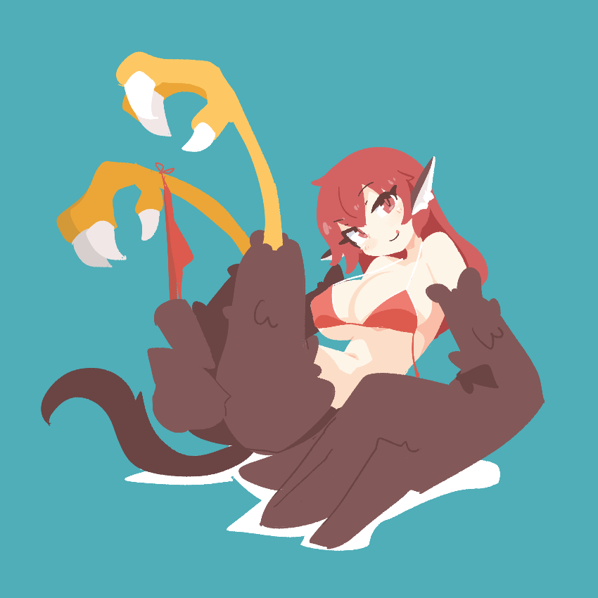 1girl animal_ears big_o_pants bikini bikini_bottom_around_leg bird_ears bird_legs bird_tail black_feathers black_wings blue_background blush breasts commentary covered_erect_nipples feather_fingers feathers fio-chan_(big_o_pants) hair_between_eyes harpy large_breasts licking_lips long_hair looking_at_viewer monster_girl original red_bikini red_eyes red_hair side-tie_bikini_bottom simple_background smile solo swimsuit tail talons tongue tongue_out winged_arms wings