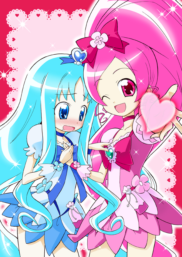 10s 2girls blue_eyes blue_hair blue_skirt blush bow brooch choker cure_blossom cure_marine dress female_focus flower hair_ornament hairpin hanasaki_tsubomi hand_on_another&#039;s_chest happy heart heart_brooch heartcatch_precure! high_ponytail holding_hands jewelry kurumi_erika lace long_hair magical_girl multiple_girls one_eye_closed pink_bow pink_eyes pink_hair pink_skirt ponytail precure ribbon sidelocks skirt sparkle two-tone_background wink wrist_cuffs yuri yuuma_(artist) yuuma_(skirthike)