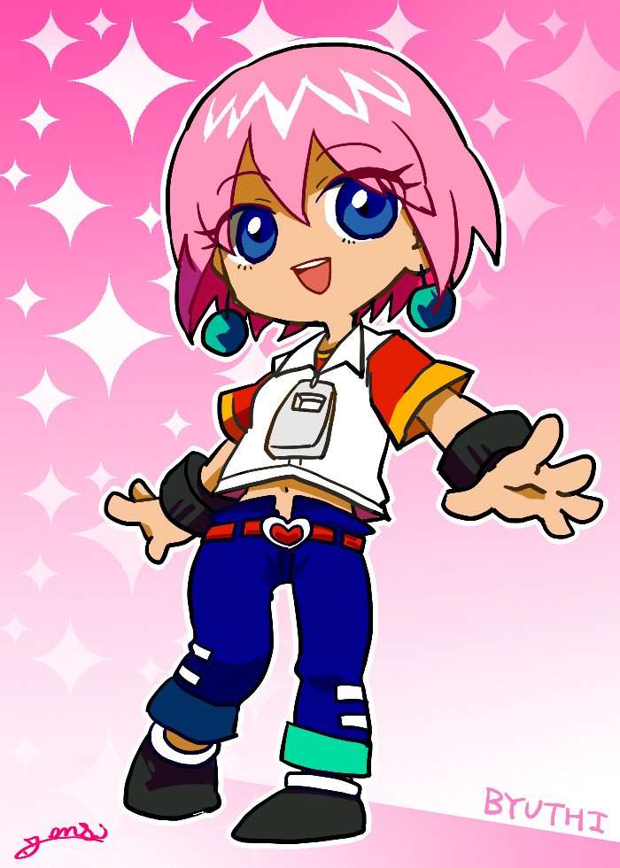 1girl atomic15 beauty_(bobobo-bo_bo-bobo) belt black_footwear blue_eyes blue_pants bobobo-bo_bo-bobo buckle deformed earrings eyelashes full_body gradient_background heart heart-shaped_buckle jacket jewelry midriff navel no_nose open_mouth pants pink_hair red_belt red_shirt shirt short_hair short_sleeves signature solo sparkle white_jacket zipper_pull_tab