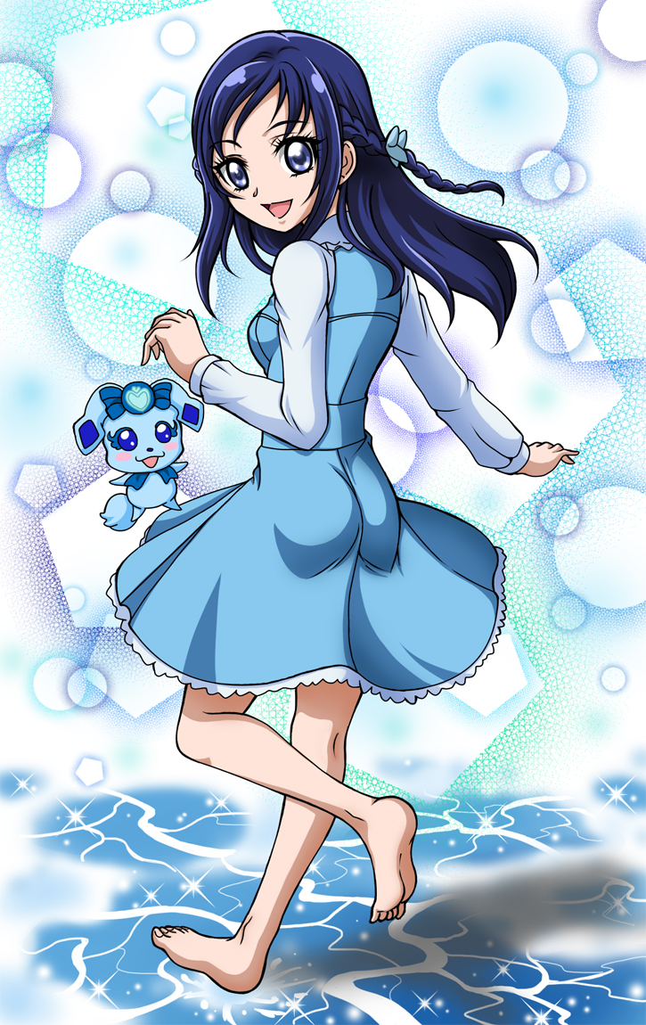 1girl :d barefoot blue_dress blue_eyes blue_hair braid dokidoki!_precure dress feet female_focus floating_hair hair_ornament hanzou hishikawa_rikka leg_up long_hair long_sleeves looking_at_viewer looking_back open_mouth precure rakeru_(dokidoki!_precure) short_dress smile soles solo standing standing_on_one_leg