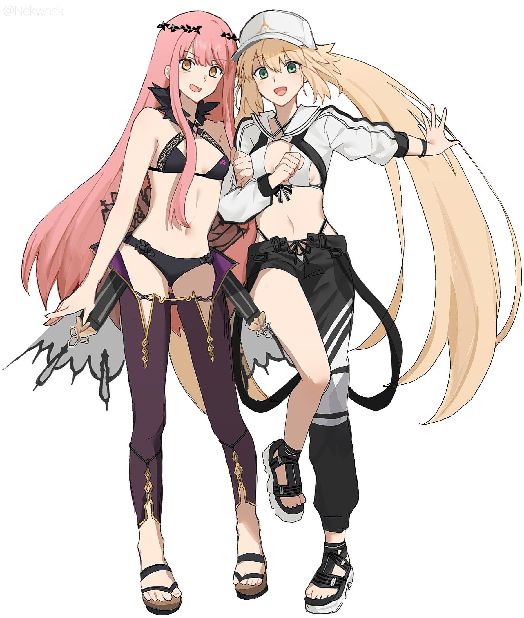 2girls artoria_caster_(fate) artoria_caster_(swimsuit_berserker)_(fate) artoria_caster_(swimsuit_berserker)_(first_ascension)_(fate) artoria_pendragon_(fate) asymmetrical_clothes baseball_cap bikini black_bikini black_pants blonde_hair breasts cleavage cnoc_na_riabh_(fate) cnoc_na_riabh_(swimsuit_foreigner)_(fate) commentary_request cropped_jacket fate/grand_order fate_(series) green_eyes hair_ornament hat highres hood hood_down hooded_jacket jacket korean_commentary locked_arms long_hair looking_at_viewer medb_(fate) medium_breasts multiple_girls navel nekwnek official_alternate_costume open_mouth pants pink_hair sandals simple_background single_pantsleg small_breasts smile stomach swimsuit toes twintails very_long_hair white_background white_bikini white_hat white_jacket yellow_eyes