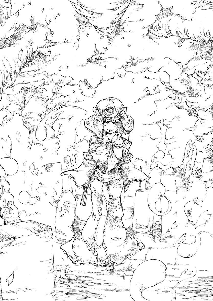 1girl female_focus forest ghost greyscale hat monochrome nature outdoors pandemonium saigyouji_yuyuko short_hair solo touhou traditional_media