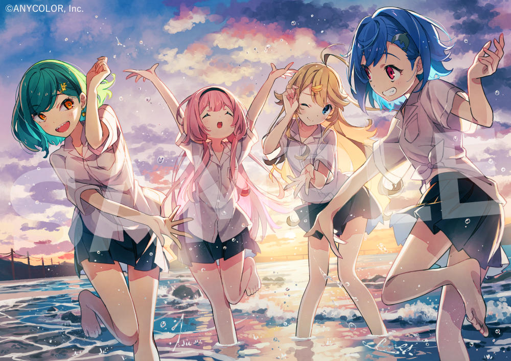 4girls :d ;) ^_^ ahoge arms_up barefoot black_hairband black_skirt blonde_hair blue_eyes blue_hair bob_cut center-flap_bangs closed_eyes cloud copyright_notice dolphin_hair_ornament earrings feet_out_of_frame foot_out_of_frame green_hair grin hair_behind_ear hair_between_eyes hair_flaps hair_ornament hairband hairclip hand_up jewelry kitakoji_hisui long_hair looking_at_another low_twintails mole mole_on_thigh multiple_girls nijisanji nishizono_chigusa nitanda_cona ocean official_art one_eye_closed open_hand open_mouth orange_eyes outdoors outstretched_arm pink_hair pleated_skirt power_lines red_eyes sample_watermark school_uniform selene_girls_school_(nijisanji) sharp_teeth shirt short_hair sideways_glance skirt smile splashing standing standing_on_one_leg sunset suo_sango swept_bangs teeth tied_shirt todo_kohaku twintails untucked_shirt virtual_youtuber wading watermark white_shirt wing_collar