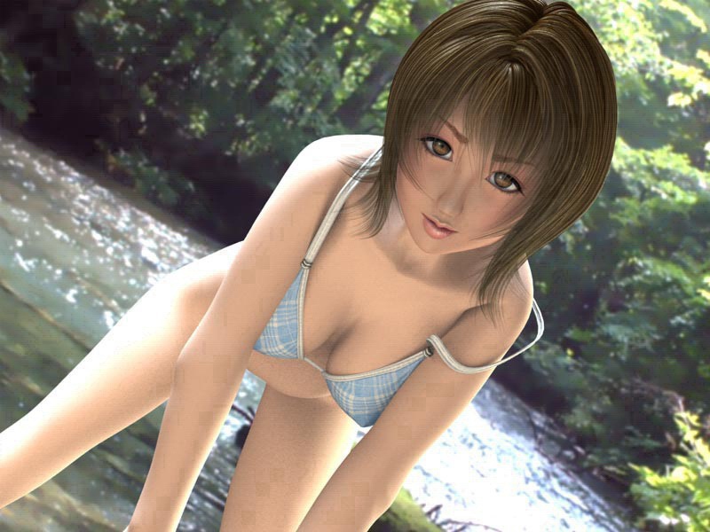 1girl 3d bent_over bikini breasts brown_hair cocoa_(character) covered_erect_nipples day dutch_angle female_focus incise_soul large_breasts looking_at_viewer m-rs outdoors photo_background plaid_bikini plaid_clothes river solo strap_slip swimsuit water
