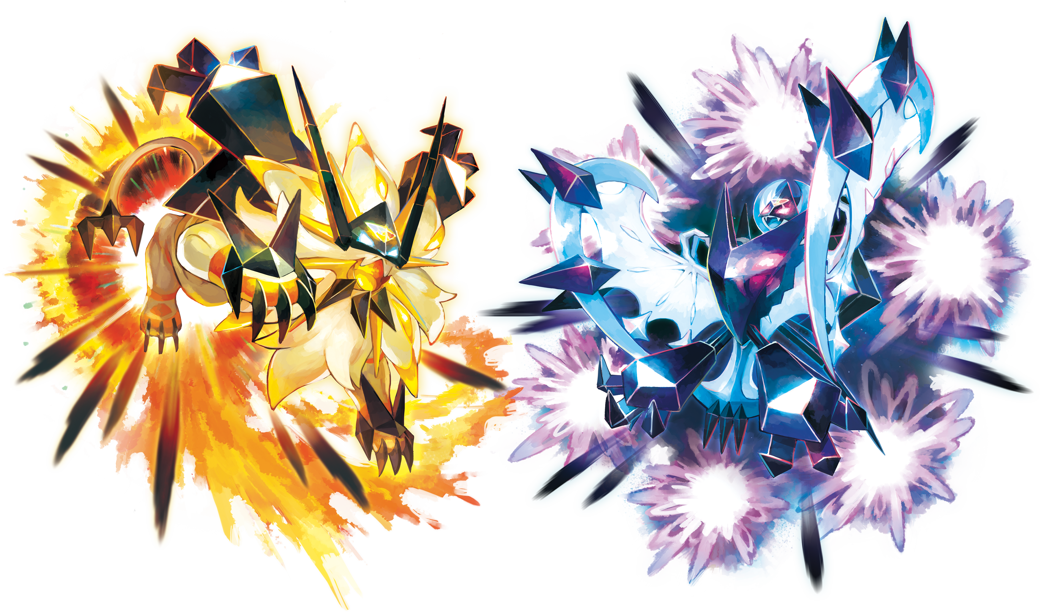 absurdres animal artist_request bat_(animal) blue_eyes claws energy fangs gen_7_pokemon glowing glowing_eyes highres legendary_pokemon lion mane necrozma necrozma_(dawn_wings) necrozma_(dusk_mane) nintendo no_humans official_art pokemon pokemon_(creature) pokemon_focus prism red_eyes tail talons transparent_background wings z-move