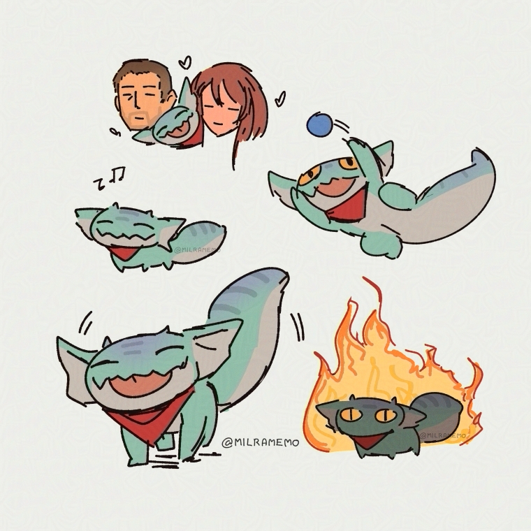 1boy 1girl animal ball bandana bandana_around_neck beamed_eighth_notes brown_hair chibi closed_eyes closed_mouth commentary courier_(fallout:_new_vegas) craig_boone eighth_note english_commentary fallout fallout:_new_vegas fire gecko grey_background heart jalapeno_(milramemo) milramemo musical_note noelle_rutherford simple_background twitter_username
