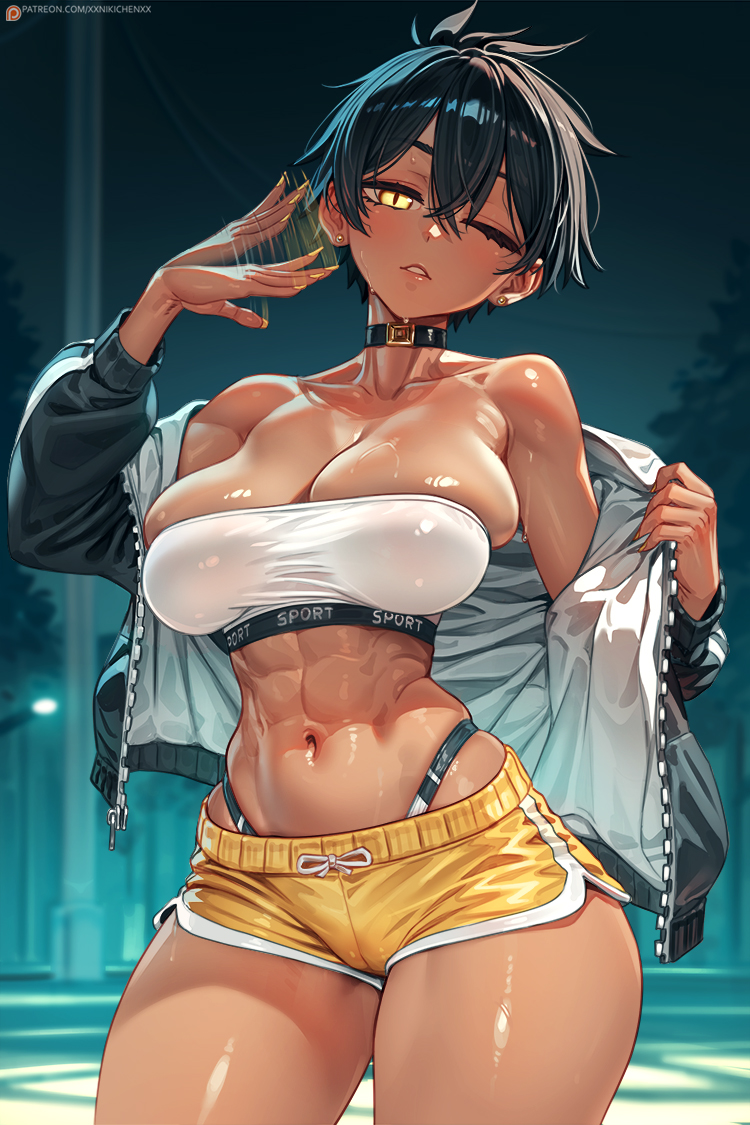 1girl abs black_choker black_hair black_jacket blush breasts cameltoe choker cleavage dark-skinned_female dark_skin ear_piercing fanning_self gym_shorts hair_between_eyes jacket kurobe_natsumi large_breasts lips looking_at_viewer motion_blur nail_polish navel night nikichen one_eye_closed open_mouth piercing senpai_ga_uzai_kouhai_no_hanashi shorts skindentation solo sports_bikini sports_bra stomach sweat toned toned_female track_jacket variant_set white_sports_bra yellow_eyes yellow_shorts
