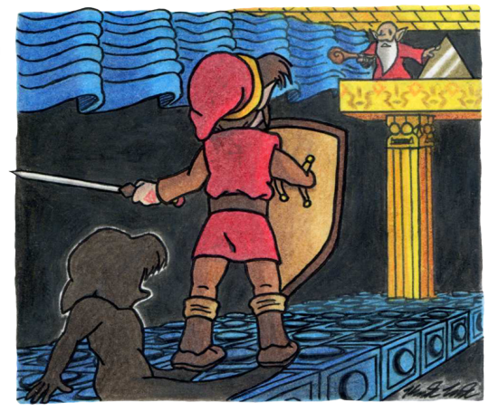 3boys battle beard brown_hair clone curtains elf facial_hair from_behind full_body hat indoors link male_focus mark_on_hand multiple_boys nintendo old old_man palace pointy_ears shadow shadow_link shield staff sword temple the_legend_of_zelda triforce tunic weapon zelda_ii:_the_adventure_of_link