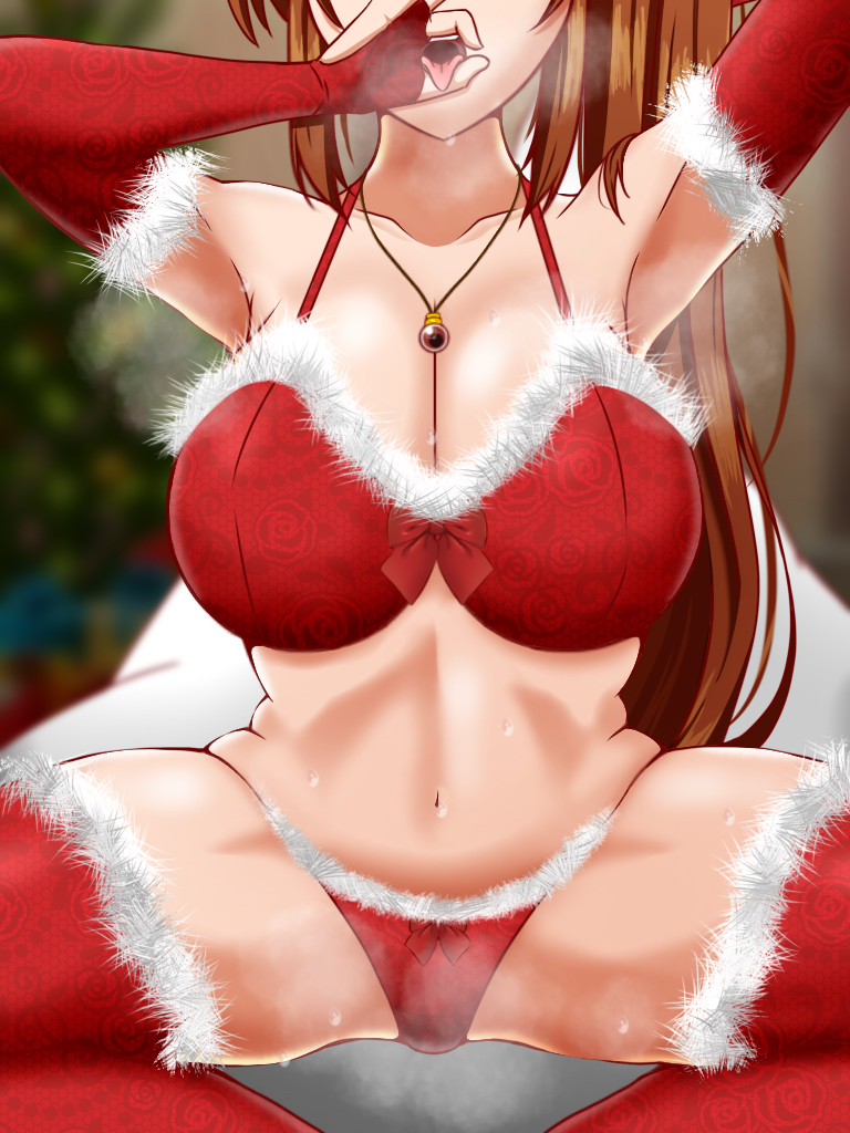 1girl bikini blush breasts brown_hair christmas cleavage collarbone fellatio_gesture kunisaki-air large_breasts long_hair lyrical_nanoha mahou_shoujo_lyrical_nanoha_strikers ponytail raising_heart santa_bikini santa_costume solo spread_legs swimsuit takamachi_nanoha tongue tongue_out