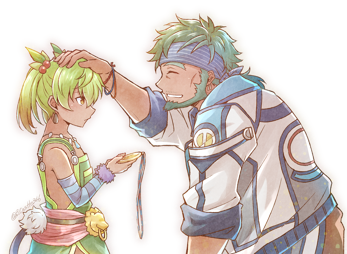 1boy 1girl aqua_hair beard blue_sleeves bracelet brown_eyes brown_hair brown_pants closed_eyes detached_sleeves earrings facial_hair falcom from_side fur-trimmed_sleeves fur_trim gradient_hair green_facial_hair green_hair green_overalls grin headpat holding jacket jewelry leaning_forward mishiro_(andante) multicolored_hair necklace overalls pants profile ricotta_beldine sahad_nautilus short_hair simple_background sleeves_rolled_up smile standing striped_sleeves twitter_username white_background white_jacket ys ys_viii:_lacrimosa_of_dana