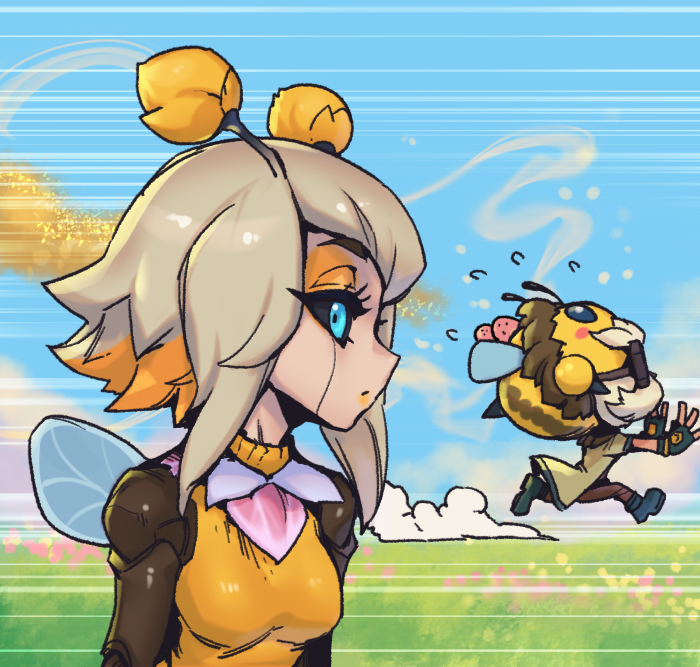 1boy 1girl antennae black_gloves black_sclera blonde_hair blue_background blue_eyes breasts brown_coat brown_pants coat colored_sclera fingerless_gloves flying_sweatdrops gloves goggles heimerdinger heimerstinger league_of_legends medium_breasts medium_hair orbeeanna orianna_(league_of_legends) outdoors pants phantom_ix_row profile running shiny_clothes shoes wings yordle