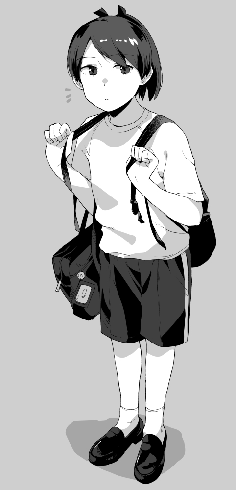 1girl alternate_costume backpack bag full_body greyscale kantai_collection looking_at_viewer makio_(makiomeigenbot) monochrome ponytail school_bag shikinami_(kancolle) shirt short_hair shorts socks solo standing t-shirt