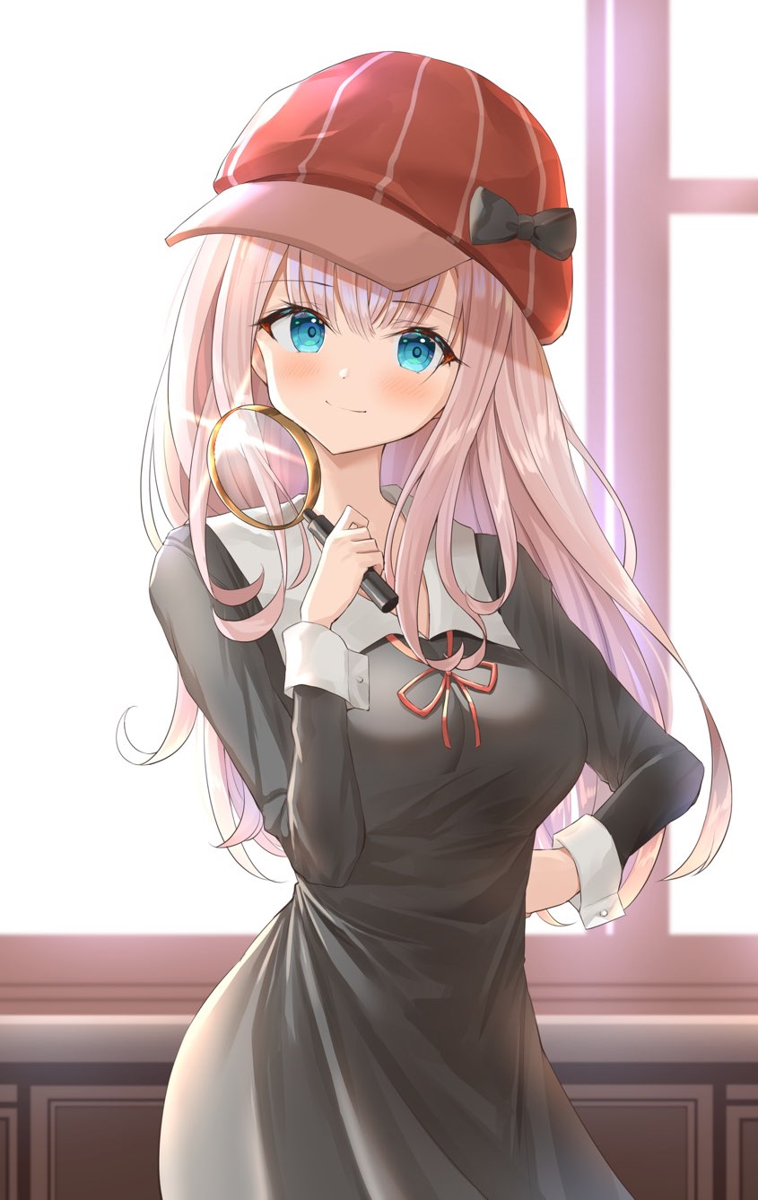 1girl black_dress blue_eyes blush breasts chikattochikachika_(kaguya-sama_wa_kokurasetai) deerstalker dress fujiwara_chika hand_on_own_hip hat highres kaguya-sama_wa_kokurasetai_~tensai-tachi_no_renai_zunousen~ kanaria_hisagi large_breasts long_hair long_sleeves looking_at_viewer magnifying_glass pink_hair school_uniform shuuchiin_academy_school_uniform sleeve_cuffs smile solo straight_hair