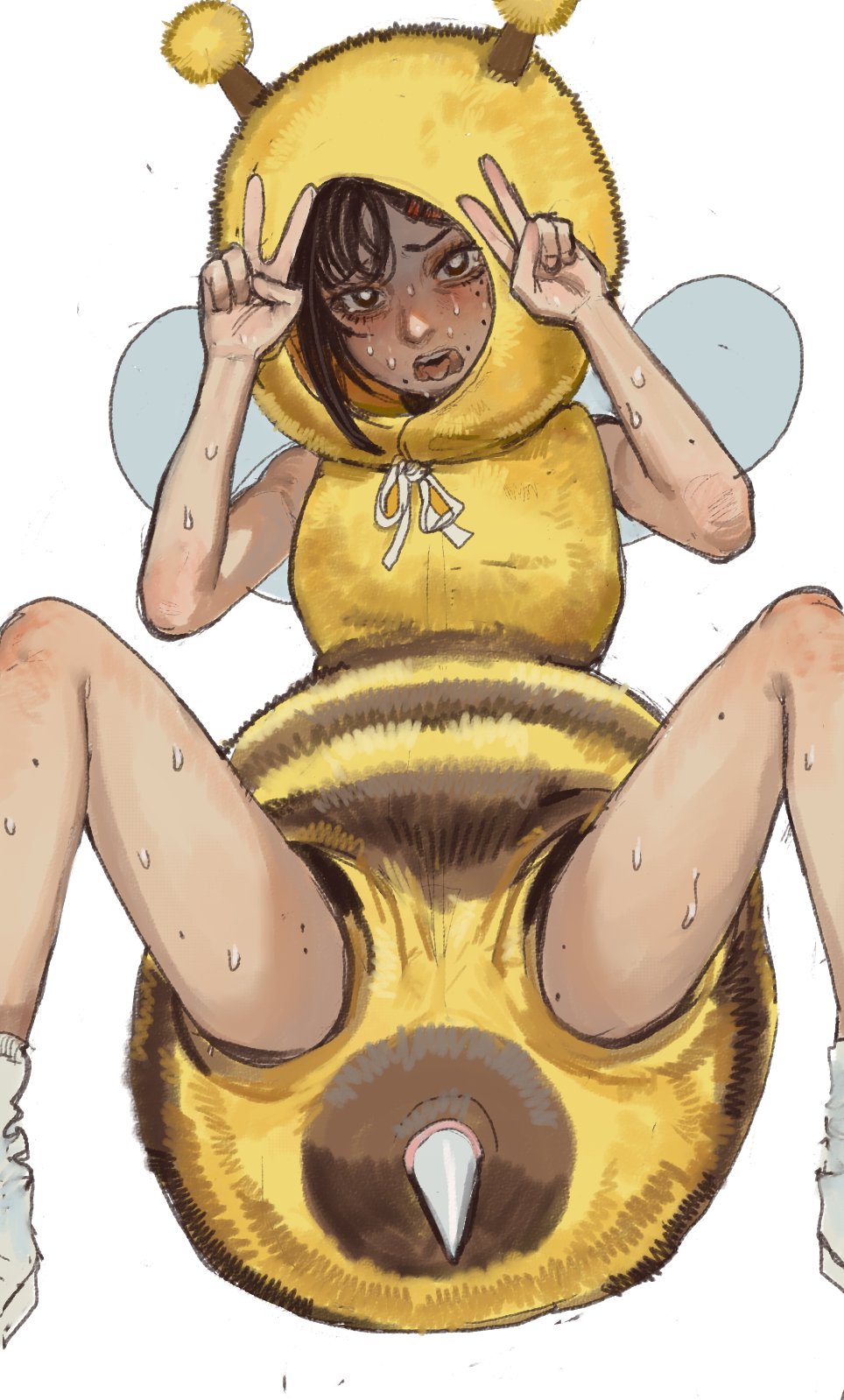 1girl arthropod_girl bee bee_costume bee_girl bee_wings brown_eyes brown_hair bug chainsaw_man double_v fake_antennae fake_wings hair_ornament hairclip higashiyama_kobeni highres insect insect_girl insect_wings looking_at_viewer mossacannibalis nervous_sweating pun sitting solo spread_legs stinger sweat tongue tongue_out v white_background wings