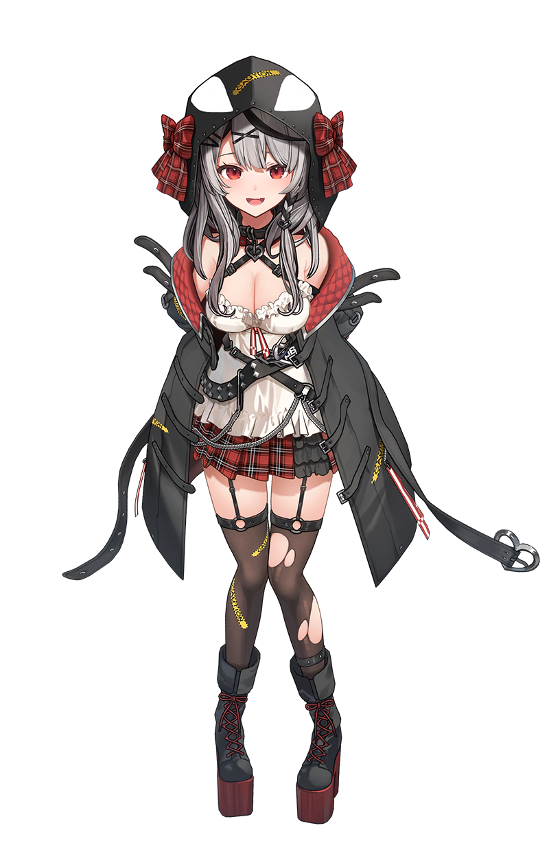 1girl 3d :d animal_collar animal_hood arms_behind_back bare_shoulders belt black_boots black_coat black_collar black_hair black_hood blush boots bow braid breasts brown_thighhighs camisole caution_tape cleavage coat collar colored_shoe_soles criss-cross_straps frilled_camisole frills full_body garter_straps grey_hair hair_ornament hairclip heart heart_collar heart_o-ring highres hololive hood hood_up jacket lace-up_boots large_breasts leaning_forward long_hair looking_at_viewer miniskirt multicolored_hair o-ring o-ring_thigh_strap off_shoulder official_art open_clothes open_coat open_mouth orca_hood parsley-f_(style) plaid_bow plaid_clothes plaid_skirt platform_boots platform_footwear pleated_skirt red_bow red_eyes red_skirt sakamata_chloe sakamata_chloe_(1st_costume) second-party_source side_braid simple_background skirt smile solo streaked_hair studded_belt tachi-e thigh_strap thighhighs torn_clothes torn_thighhighs transparent_background two-sided_fabric two-sided_jacket two-tone_hair ukmey virtual_youtuber white_camisole x_hair_ornament