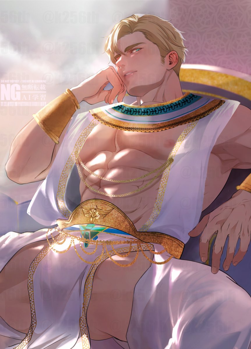 1boy abs alternate_costume bara bare_pectorals blonde_hair bracer commentary_request crouton256 facial_hair gold_bracer green_eyes highres large_pectorals lewis_smith looking_at_viewer male_focus muscular muscular_male nipples parted_lips pectorals pelvic_curtain short_hair sideburns_stubble sitting solo stubble watermark yuuki_bakuhatsu_bang_bravern