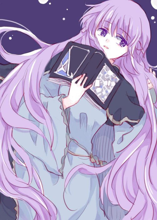 1girl book dress female_focus fire_emblem fire_emblem:_the_binding_blade holding holding_book kitano_373 long_hair looking_at_viewer lying nintendo purple_eyes purple_hair solo sophia_(fire_emblem)