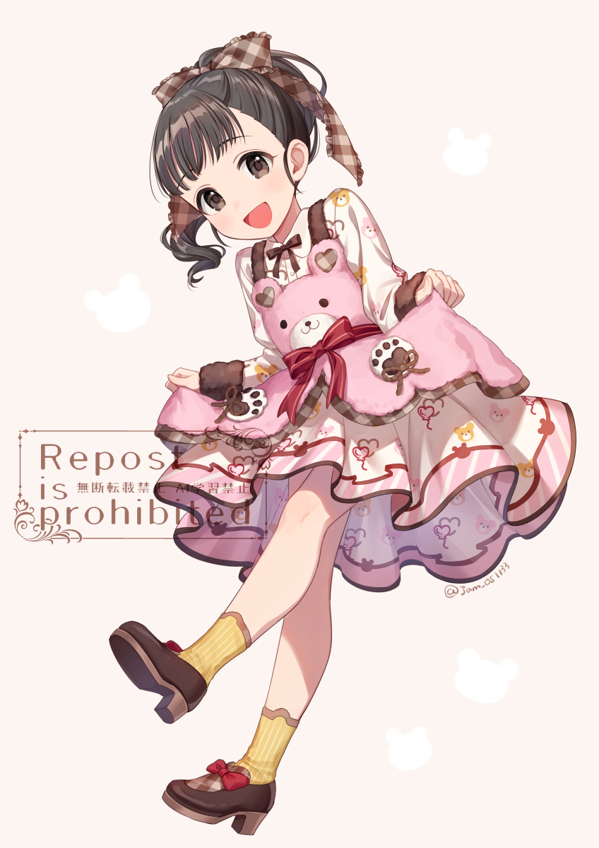 1girl :d animal_print bear_print black_hair black_ribbon bow brown_bow brown_eyes brown_footwear clothes_lift copyright_notice dot_nose dress dress_lift english_text frilled_bow frills fukuyama_mai full_body gingham gingham_bow hair_bow highres idolmaster idolmaster_cinderella_girls layered_dress leg_up long_sleeves looking_at_viewer medium_dress medium_hair neck_ribbon ooisissi open_mouth paw_print pink_background pink_dress ponytail ribbon shirt sidelocks smile socks solo standing standing_on_one_leg twitter_username watermark white_shirt yellow_socks