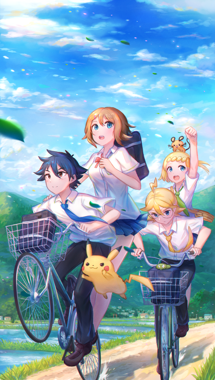 2boys 2girls ahoge alternate_costume arm_up ash_ketchum bicycle black_hair black_pants blue_necktie bonnie_(pokemon) brown_eyes brown_footwear clemont_(pokemon) clenched_hand closed_mouth cloud collared_shirt commentary day dedenne falling_leaves gen_1_pokemon gen_6_pokemon glasses highres holding kutsunohito leaf legendary_pokemon multiple_boys multiple_girls necktie nintendo on_head open_mouth outdoors pants path pikachu pokemon pokemon_(anime) pokemon_(creature) pokemon_on_head pokemon_xy_(anime) rice_paddy riding riding_bicycle road round_eyewear serena_(pokemon) shirt shoes short_hair short_sleeves sky white_shirt zygarde zygarde_core