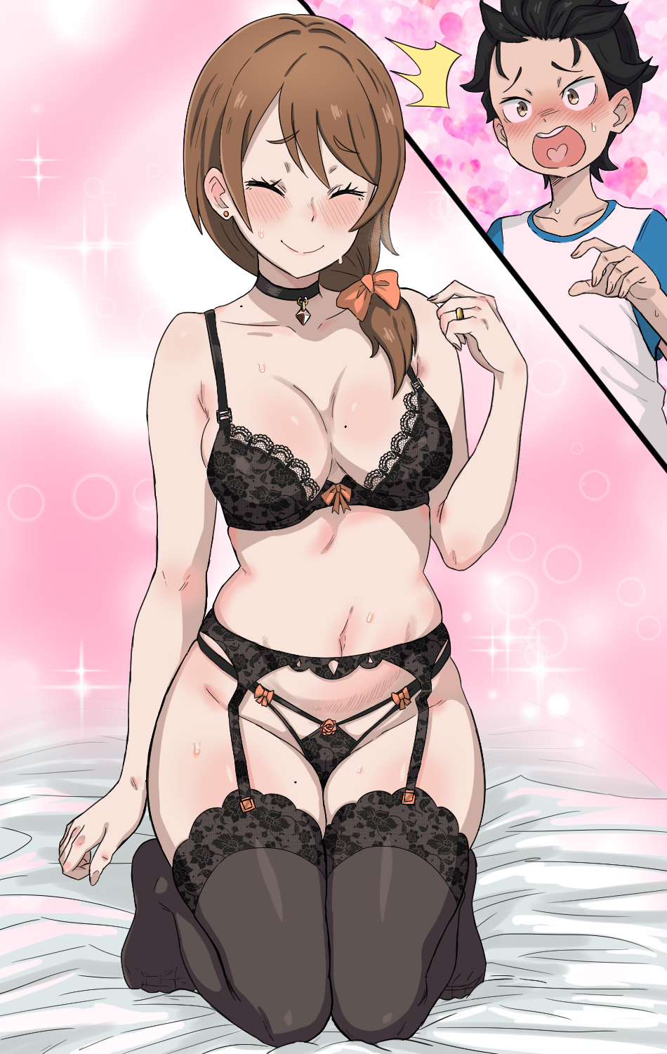1boy 1girl age_difference aged_down black_bra black_choker black_hair black_panties black_thighhighs blush bow bra breasts brown_eyes brown_hair choker closed_eyes commentary_request cutiemachina earrings garter_belt garter_straps hair_bow hair_over_shoulder heart highres implied_incest incest jewelry kneeling lace lace-trimmed_bra lace-trimmed_panties lace-trimmed_thighhighs lace_trim lingerie mature_female medium_breasts medium_hair mole mole_on_breast mole_on_leg mole_on_neck mother_and_son natsuki_naoko natsuki_subaru navel onee-shota panties pink_background re:zero_kara_hajimeru_isekai_seikatsu ring shirt smile sparkle stud_earrings sweat sweatdrop t-shirt thighhighs underwear wedding_ring