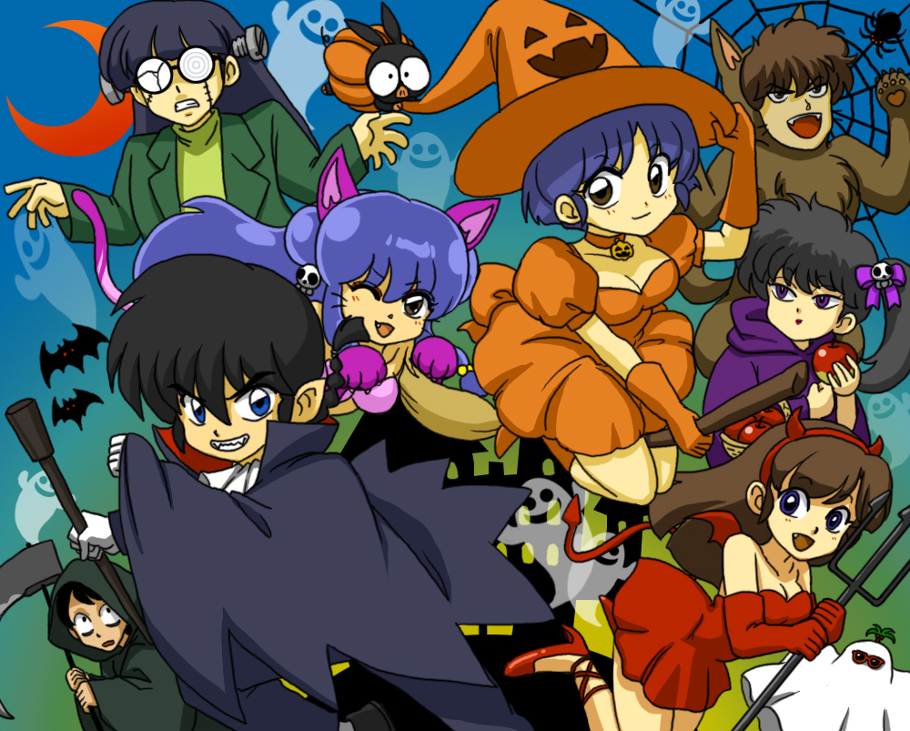 4girls animal_costume apple bat_(animal) blue_hair breasts bug cat_tail cosplay death_(entity) demon_horns demon_tail demon_wings everyone food frankenstein&#039;s_monster frankenstein&#039;s_monster_(cosplay) fruit ghost glasses gloves gosunkugi_hikaru grim_reaper grim_reaper_(cosplay) halloween halloween_costume hat holding holding_food holding_fruit horns kunou_kodachi kunou_tatewaki kuonji_ukyou light_smile medium_breasts mousse_(ranma_1/2) multiple_boys multiple_girls orange_gloves p-chan paw_pose pig ranma_1/2 red_footwear saotome_ranma shampoo_(ranma_1/2) short_hair spider tail tendou_akane vampire_costume wanta_(futoshi) wings witch witch_hat wolf_costume