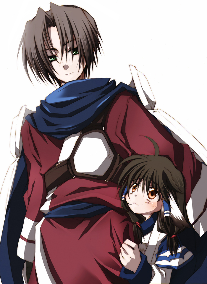 1boy 1girl animal_ears armor aruruu bad_id bad_pixiv_id benawi brown_eyes brown_hair dog_ears gomatta japanese_clothes long_hair short_hair simple_background utawarerumono