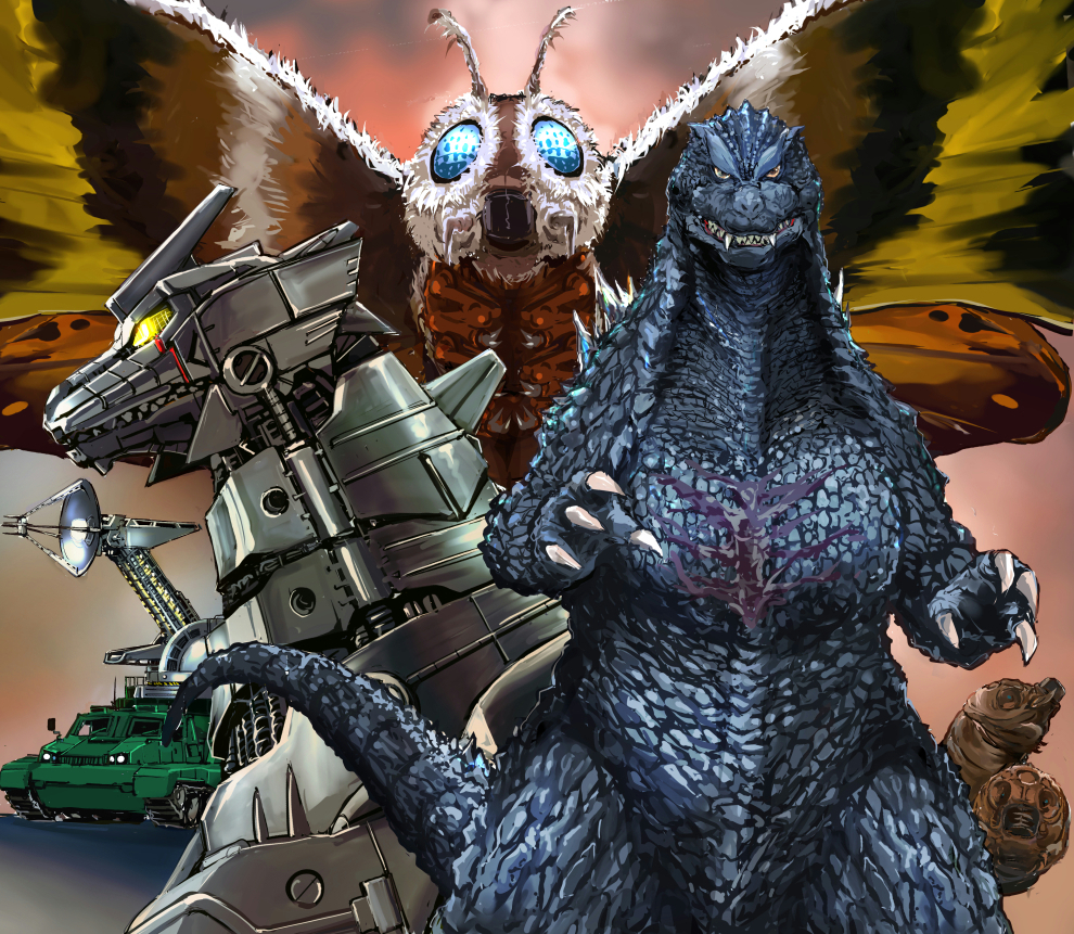 antennae bug cannon caterpillar compound_eyes cyborg dinosaur directed-energy_weapon energy_cannon energy_weapon flying godzilla godzilla:_tokyo_s.o.s. godzilla_(series) insect kaiju kamisimo_90 kiryu_(godzilla) mandibles maser_cannon mecha mechagodzilla military moth mothra no_pupils robot scar scar_on_chest toho type_90_maser_cannon wings yellow_eyes