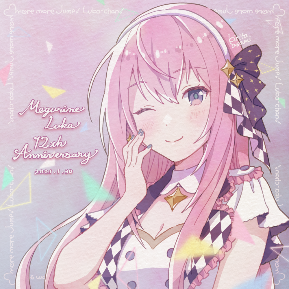 1girl anniversary blue_eyes blue_nails character_name checkered_clothes checkered_shirt commentary hair_ribbon hand_on_own_cheek hand_on_own_face heart kirita_asami long_hair looking_at_viewer megurine_luka more_more_jump!_luka nail_polish one_eye_closed pink_hair portrait project_sekai ribbon shirt short_sleeves smile star_(symbol) star_ornament star_print triangle vocaloid white_shirt