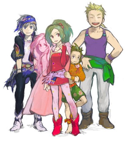 2girls 3boys ^_^ bandana black_jacket black_pants blonde_hair blue_bandana blue_eyes bridal_gauntlets cape closed_eyes final_fantasy final_fantasy_vi gau gloves green_hair green_sash green_shorts hands_in_pockets jacket jewelry locke_cole looking_at_viewer lowres multiple_boys multiple_girls necklace open_clothes open_jacket open_mouth pants pantyhose pink_cape pink_pantyhose pink_sash ponytail print_pantyhose psychic purple_tank_top red_gloves sabin_rene_figaro sash shirt short_hair shorts smile strapless strapless_shirt tank_top tina_branford toisu trance_terra_branford white_hair white_shirt