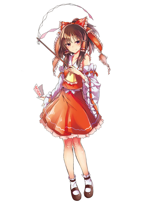 1girl ascot bare_shoulders bow brown_eyes brown_hair collarbone detached_sleeves female_focus frills full_body gohei hair_bow hair_tubes hakurei_reimu haraegushi holding mary_janes ofuda oonusa shirt shoes skirt sleeveless sleeveless_shirt smile socks solo tamon_ketsuyuki touhou white_socks wide_sleeves