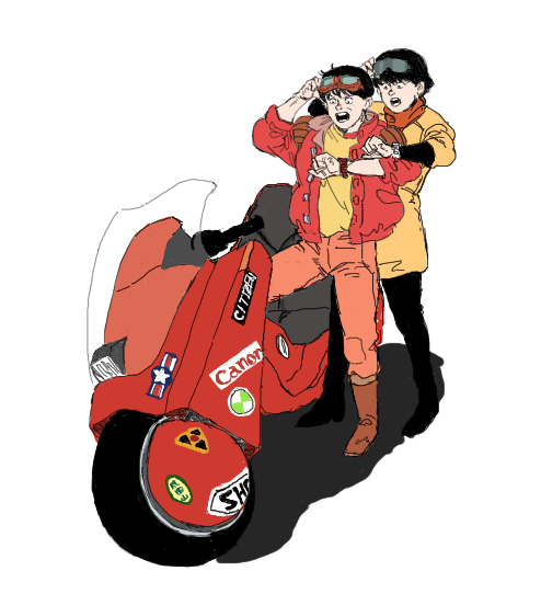 1boy 1girl akira_(manga) back_to_the_future goggles goggles_on_head jacket kaneda_shoutarou&#039;s_bike kaneda_shoutarou_(akira) kei_(akira) open_mouth pants red_footwear red_jacket red_pants shadow short_hair simple_background sticker tora0820 white_background