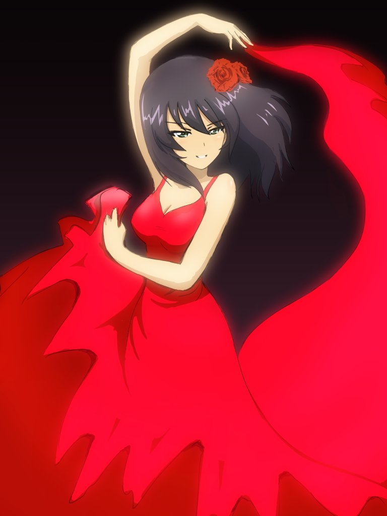 10s 1girl black_background black_hair breasts bukkuri dark-skinned_female dark_skin dress female_focus flamenco flower girls_und_panzer green_eyes hair_flower hair_ornament hoshino_(girls_und_panzer) looking_at_viewer open_mouth red_dress short_hair smile solo