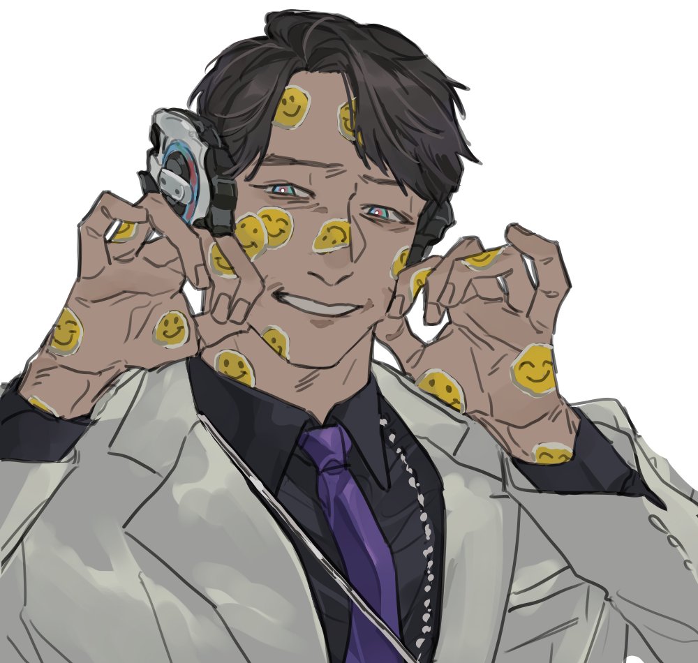1boy android bad_id bad_twitter_id bbbb_fex black_shirt cheek_pinching commission forced_smile headphones humagear_headphones jacket kamen_rider kamen_rider:_reiwa_the_first_generation kamen_rider_01_(series) male_focus necktie pinching purple_necktie shirt smile sticker white_background white_jacket will_(kamen_rider_01)