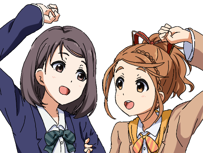 22/7 :d arm_up blazer blue_jacket bow bowtie braid brown_eyes brown_hair brown_hoodie collared_shirt crown_braid diagonal-striped_bow diagonal-striped_bowtie diagonal-striped_clothes eye_contact green_bow green_bowtie grey_eyes grey_hair hair_ribbon high_ponytail hiiragi_tsubomi hood hood_down hoodie igashiko jacket kono_miyako long_sleeves looking_at_another looking_to_the_side medium_hair oekaki open_clothes open_hoodie open_jacket open_mouth ponytail red_ribbon ribbon school_uniform shirt simple_background single_braid smile striped_clothes teeth upper_body upper_teeth_only white_background white_shirt