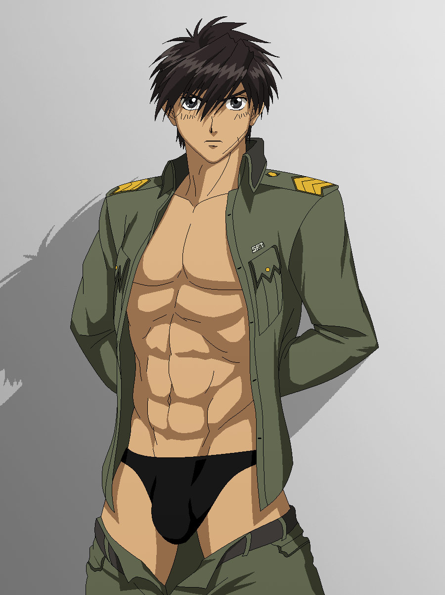 1boy bara black_hair brown_eyes full_metal_panic! highres jacket male_focus military military_jacket military_uniform muscular sagara_sousuke scar sexyanimes silver_hair solo underwear