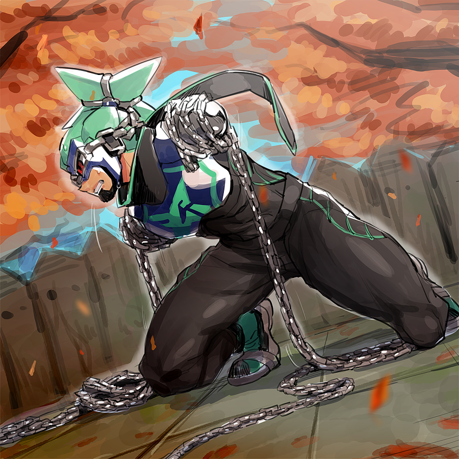1boy arms_(game) black_scarf chain domino_mask dutch_angle fence goggles kneeling long_arms male_focus mask nekobayashi_(nekoforest) ninjara_(arms) nintendo ponytail red_eyes scarf shoes short_hair sneakers solo tree