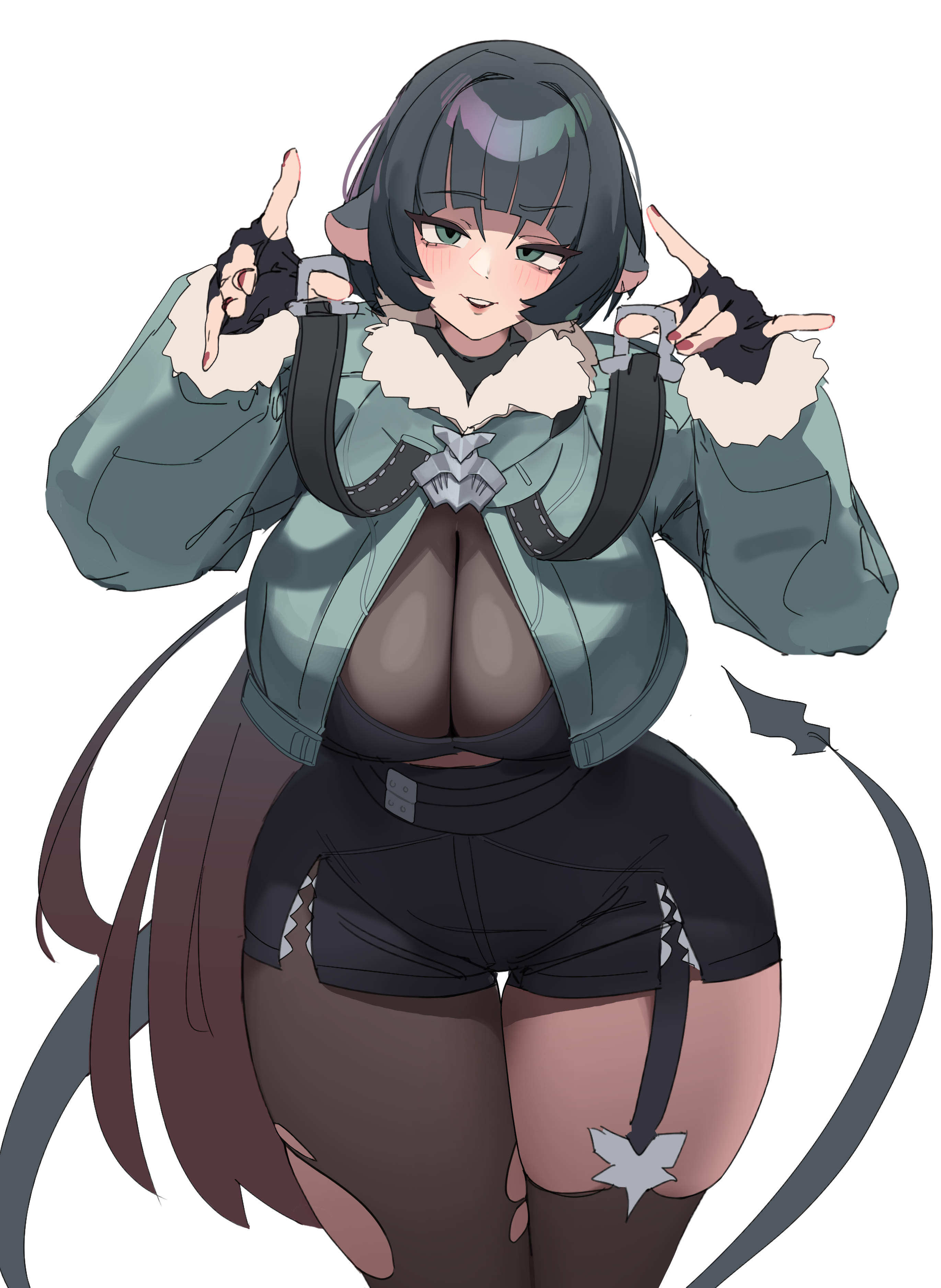 1girl absurdres black_gloves black_pantyhose black_shorts blunt_bangs breasts cowboy_shot fingernails fur-trimmed_jacket fur_trim gloves green_eyes green_hair green_jacket gya_rb highres huge_breasts jacket jane_doe_(zenless_zone_zero) long_hair looking_at_viewer multicolored_hair nail_polish pantyhose red_hair red_nails shorts sidelocks simple_background smile solo thick_thighs thighs white_background zenless_zone_zero