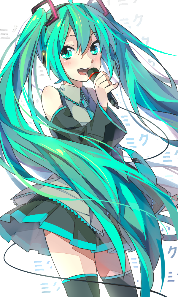 1girl aqua_eyes aqua_hair bad_id bad_pixiv_id dekatanaba detached_sleeves female_focus hatsune_miku long_hair looking_at_viewer microphone music necktie open_mouth singing skirt smile solo thighhighs twintails very_long_hair vocaloid zettai_ryouiki