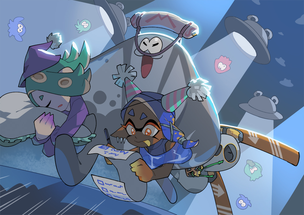 1boy 2girls :p abduction alternate_costume asymmetrical_hair bare_shoulders big_man_(splatoon) blue_hair blue_shawl blue_shirt carrying carrying_multiple_people carrying_person carrying_under_arm closed_eyes closed_mouth colored_eyelashes colored_tongue commentary crop_top dark-skinned_female dark_skin earrings english_commentary flying_saucer frye_(splatoon) gomipomi green_hair grey_pants hair_ornament hair_over_one_eye hair_tie harem_pants hat holding holding_paper holding_pen hugging_object inkling jewelry long_hair long_sleeves manta_ray medium_hair motion_lines multiple_earrings multiple_girls nightcap nintendo octoling one_eye_covered open_mouth orange_eyes orange_pupils pants paper party_hat pen pillow pillow_hug pointy_ears pom_pom_(clothes) purple_hat purple_shirt running see-through_clothes see-through_shawl shawl shirt shiver_(splatoon) short_eyebrows ski_boots skis sleeping spacecraft splatoon_(series) splatoon_3 star-shaped_pupils star_(symbol) striped_clothes striped_headwear suction_cups symbol-shaped_pupils tentacle_hair tongue tongue_out tooth_earrings tractor_beam ufo writing x_hair_ornament yellow_tongue