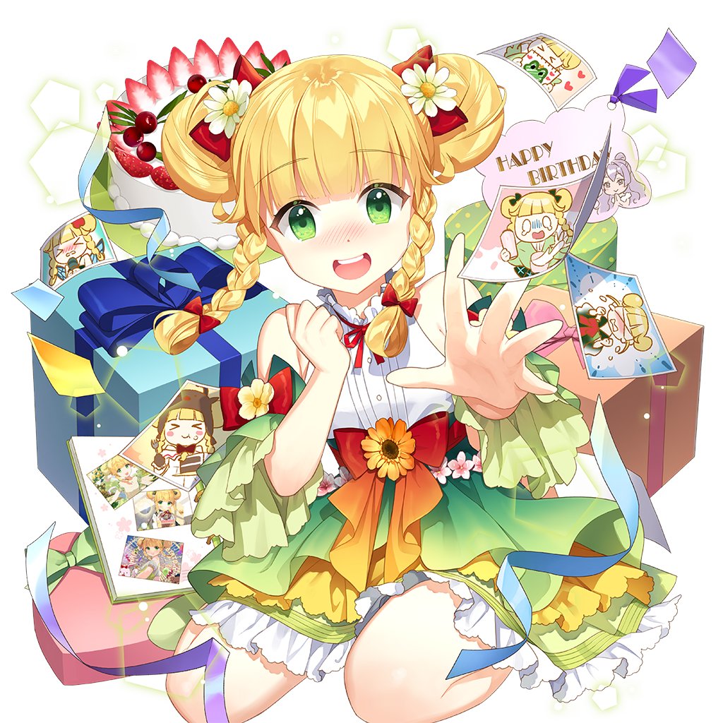 1girl album_cover birthday_cake blonde_hair box braid cake cover double_bun food frilled_skirt frills gift gift_box green_eyes green_skirt hair_bun off_shoulder painting_(object) red_ribbon ribbon salt_(salty) sapphire_emerald shirt skirt twin_braids twintails uchi_no_hime-sama_ga_ichiban_kawaii waist_ribbon white_shirt