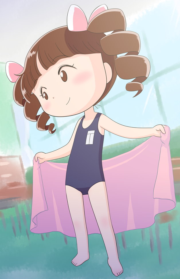 1girl bad_link bare_arms bare_legs barefoot blunt_bangs blush bow brown_eyes brown_hair chibi_maruko-chan classroom closed_mouth day drill_hair eyelashes hair_bow hair_ribbon holding holding_towel indoors jougasaki_himeko long_hair looking_at_another multiple_hair_bows no_sclera old_school_swimsuit open_towel outstretched_arms parted_bangs pink_bow pink_ribbon ribbon school school_swimsuit smile solo spread_arms standing swimsuit towel window yamanokonza
