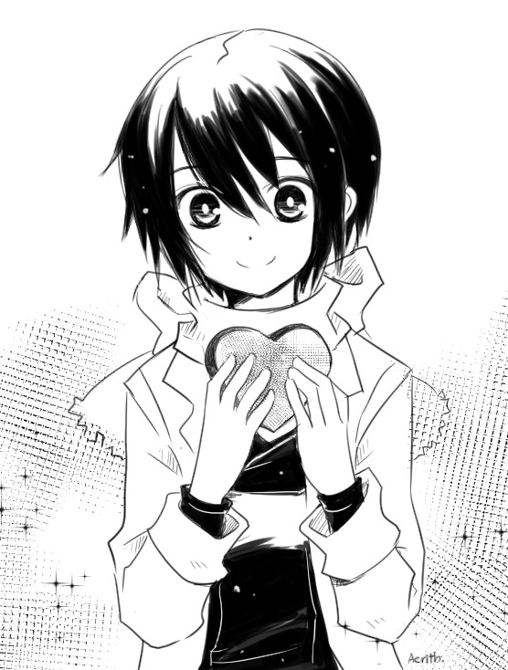 00s 1girl aerith_(shizu_x_kino) artist_name ascii_media_works female_focus greyscale heart jacket kino_(kino_no_tabi) kino_no_tabi monochrome neng reverse_trap scarf short_hair smile solo sparkle valentine