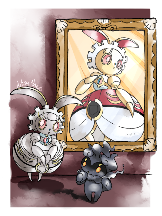 artsy-theo commentary creature english_commentary gen_7_pokemon legendary_pokemon magearna magearna_(normal) magearna_(original) marshadow marshadow_(gloom) mythical_pokemon nintendo no_humans pink_eyes pokemon pokemon_(creature) portrait shadow signature standing yellow_eyes
