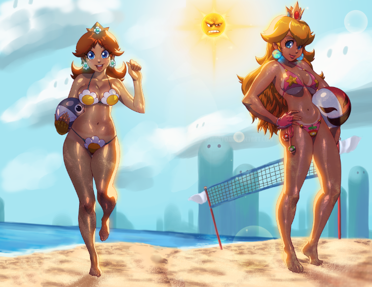 1-up_mushroom 1up 2girls angry_sun bad_id bad_tumblr_id ball barefoot beach beachball bikini bikini_tan blonde_hair blue_eyes breasts brown_hair chain_chomp cleavage crown curvy day earrings feet fingerless_gloves full_body gloves glowing hand_on_own_hip jewelry large_breasts long_hair mario_(series) medium_breasts multiple_girls mushroom navel nintendo ocean oiled open_mouth orange_hair phanto princess_daisy princess_peach robaato sand shiny_skin side-tie_bikini_bottom sideboob signature smile strap_gap sun super_mario_bros._2 super_mario_bros._3 super_mario_land swimsuit tan tanline toes underboob