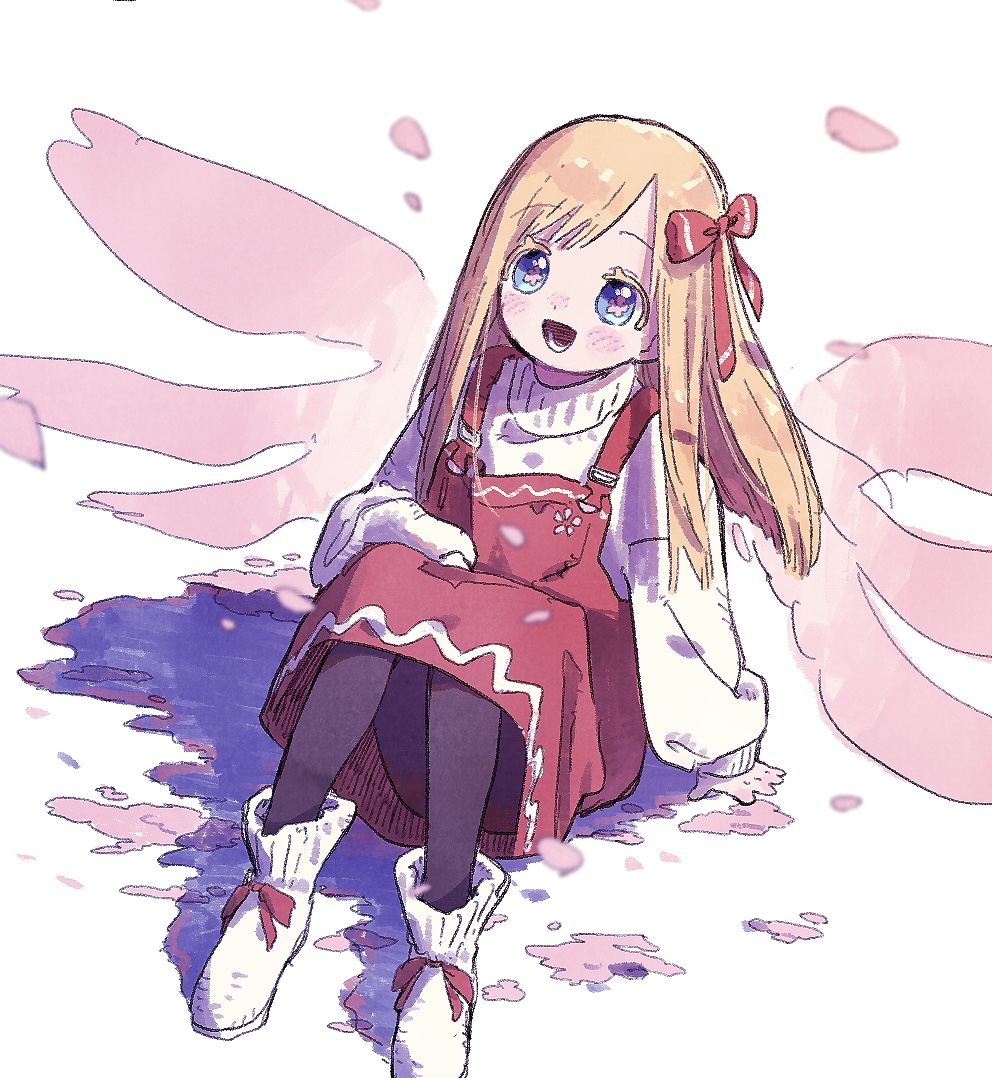 1girl :d alternate_costume black_pantyhose blonde_hair blue_eyes cherry_blossoms fairy fairy_wings flower-shaped_pupils flower_wings hair_ribbon light_blush lily_white long_hair looking_up nama_udon open_mouth overalls pantyhose red_overalls red_ribbon ribbon sitting smile solo sweater symbol-shaped_pupils thighhighs touhou turtleneck turtleneck_sweater white_background white_footwear white_sweater wings