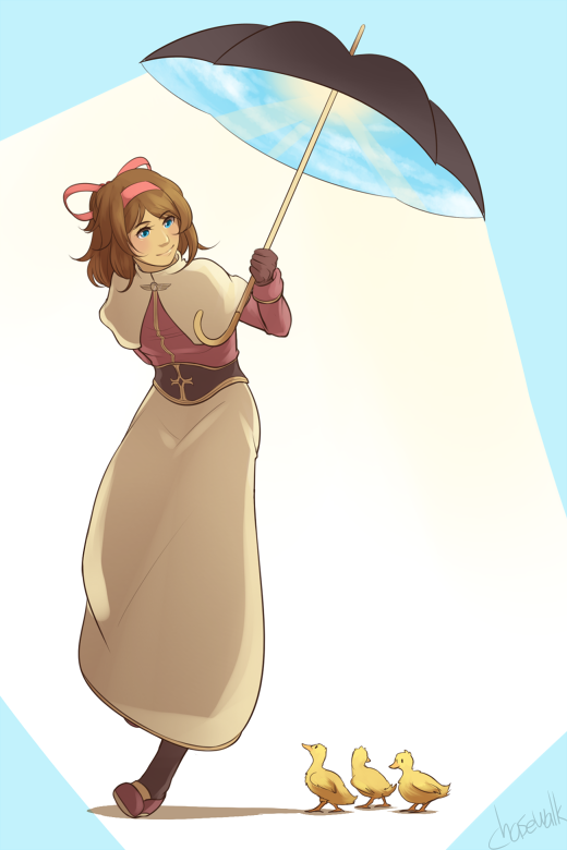 1girl acolyte_(ragnarok_online) bird black_umbrella blue_eyes brown_gloves brown_hair brown_shirt brown_shoes capelet chasewalk closed_mouth commentary duck duckling english_commentary full_body gloves hair_ribbon hairband holding holding_umbrella long_sleeves pink_hairband pink_ribbon ragnarok_online ribbon shirt shoes short_hair skirt smile solo umbrella white_capelet white_skirt