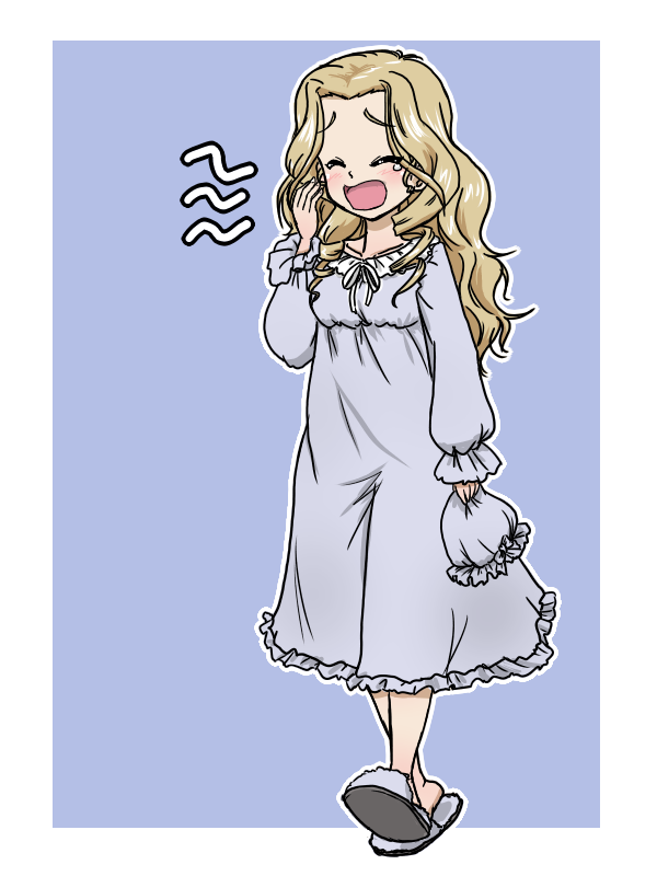 1girl blonde_hair blue_background blue_dress blue_nightgown breasts closed_eyes dress flip-flops fur_footwear girls_und_panzer hat holding holding_unworn_clothes holding_unworn_hat lingerie long_hair long_sleeves negligee nightcap nightgown outline sandals simple_background sleepy sofue_(girls_und_panzer) takahashi_kurage tears underwear unworn_hat unworn_headwear walking white_outline yawning