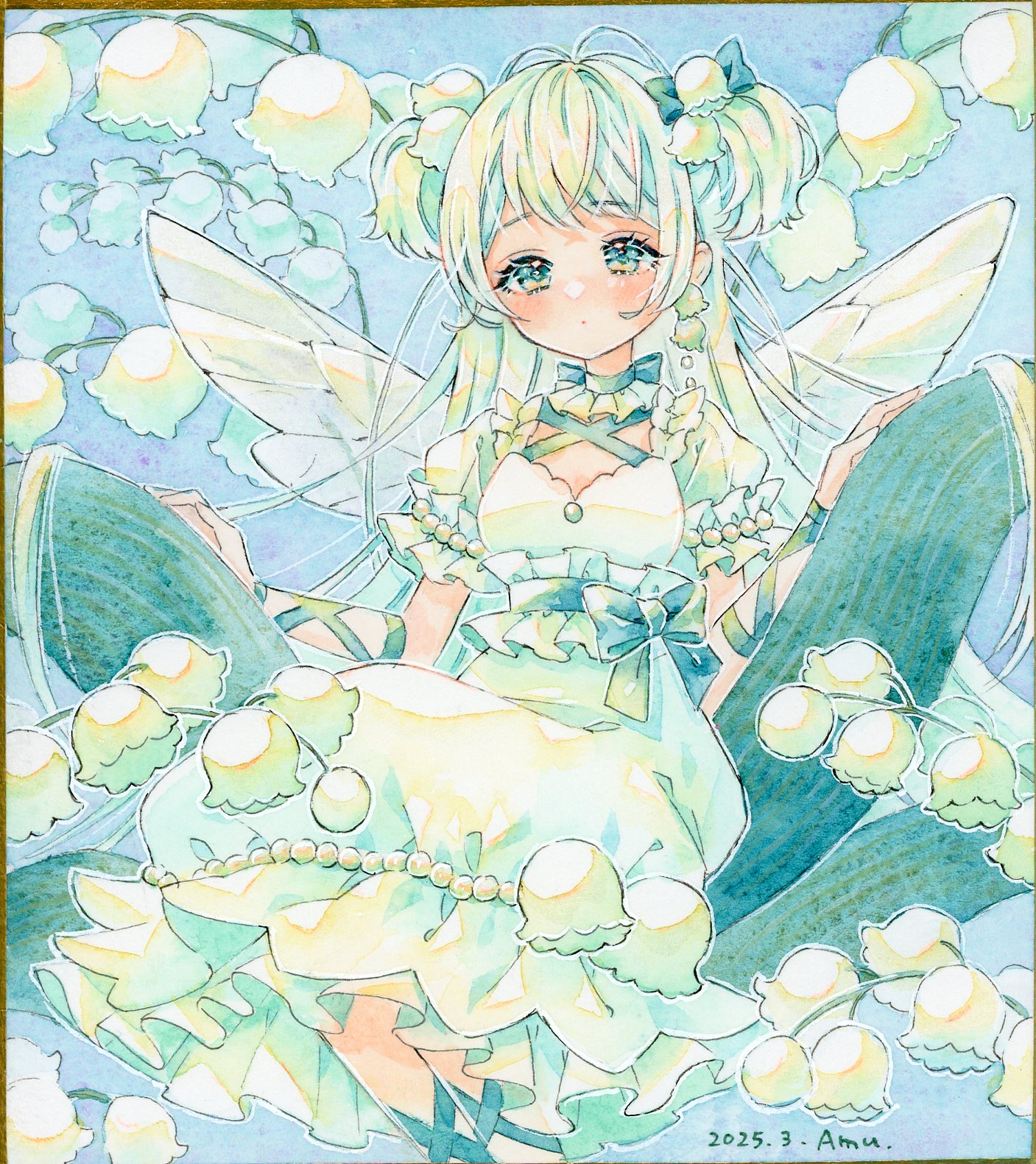 1girl amu_(m_aa) antenna_hair bow closed_mouth commentary_request dated dress earrings expressionless fairy fairy_wings flower flower_earrings frilled_dress frills green_bow green_dress green_eyes green_hair hair_bow hair_flower hair_ornament highres jewelry lily_of_the_valley long_hair looking_at_viewer original painting_(medium) puffy_short_sleeves puffy_sleeves shikishi short_sleeves signature sitting solo traditional_media two_side_up watercolor_(medium) wings