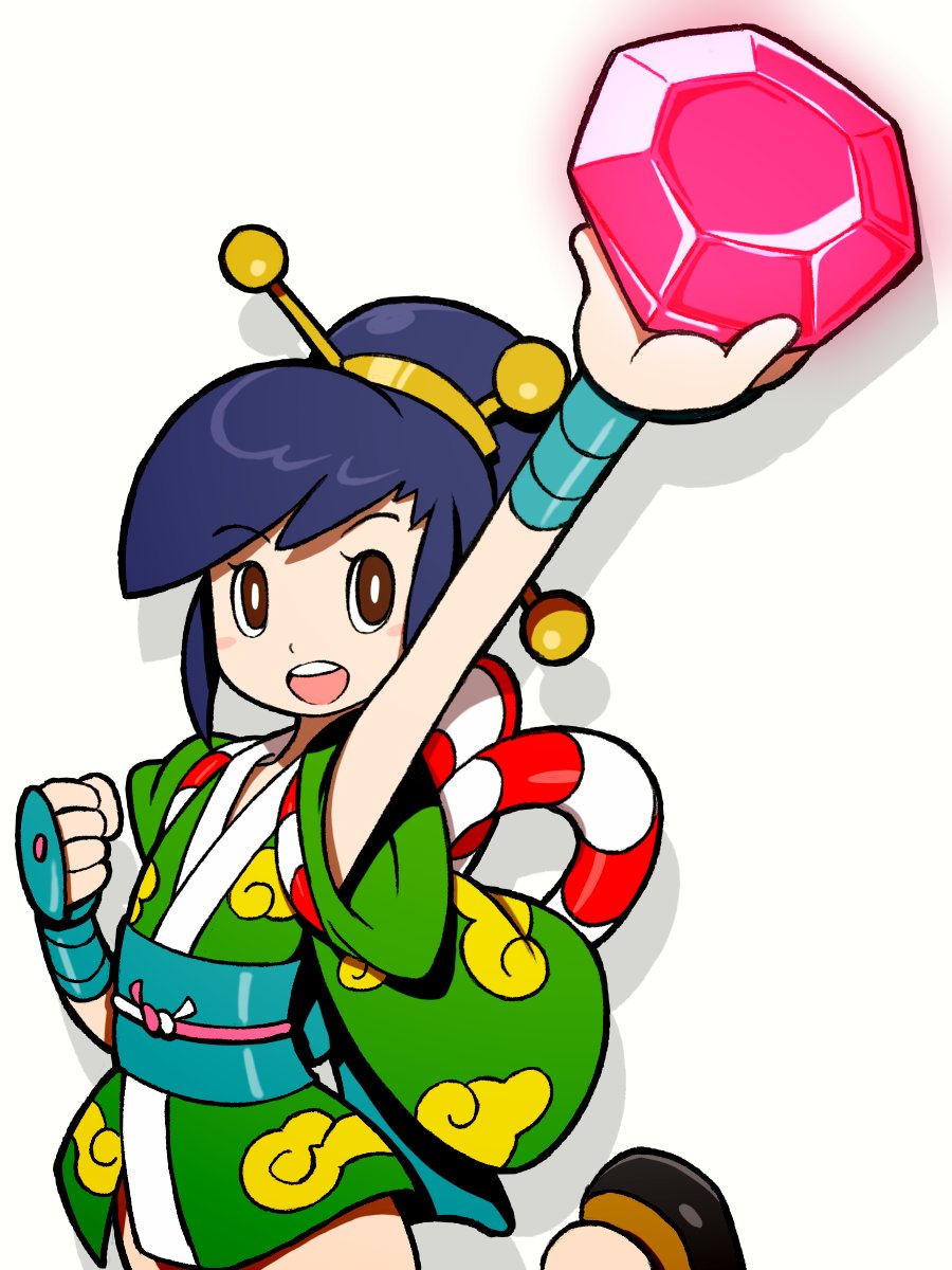 1girl :d arm_up ayame_(power_stone) beeru_(veil8801) blue_hair blush_stickers brown_eyes gem hair_bun hair_ornament hair_stick highres holding japanese_clothes kimono looking_up obi open_mouth ponytail power_stone red_gemstone robe rope sash short_hair short_kimono single_hair_bun smile solo teeth upper_teeth_only
